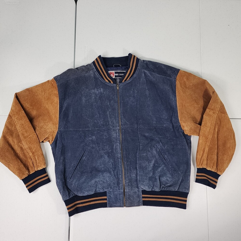 Vintage Free Country Men XL Brown Suede Leather Varsity Bomber Colorblock Jacket